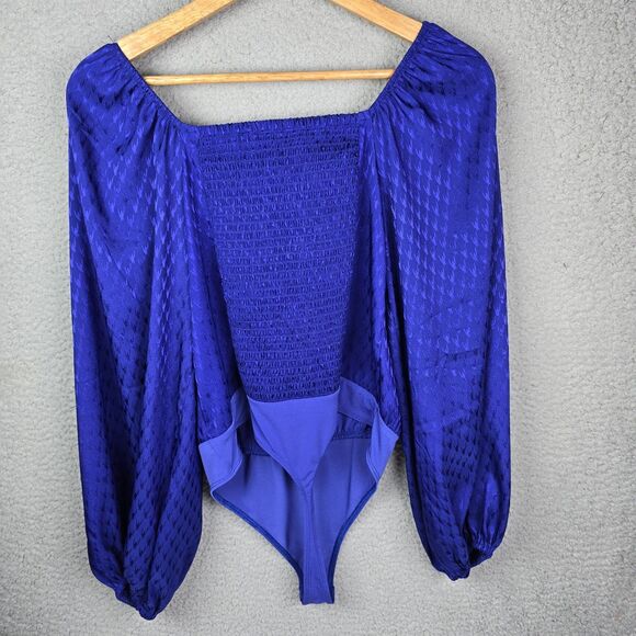 Romantic Regencycore Blouse Bodysuit L Blue Coquette Puff Sleeve Bow Smocked - Picture 2 of 9